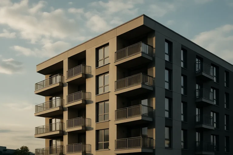 Vue d'un immeuble urbain moderne avec balcons, ciel nuageux.
