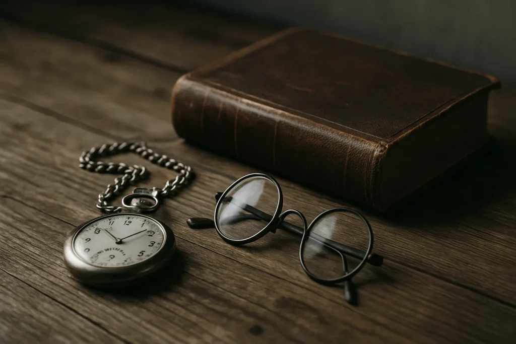 Horloge à gousset, livre en cuir et lunettes rondes sur une table en bois.