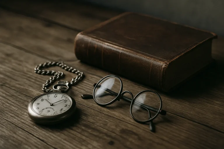 Horloge à gousset, livre en cuir et lunettes rondes sur une table en bois.