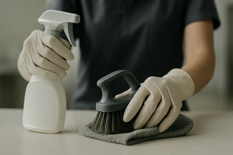 Mains gantées utilisant des outils de nettoyage, scène professionnelle
