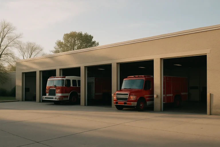 Caserne de pompiers avec véhicules d'intervention parés au départ, lumière douce du matin