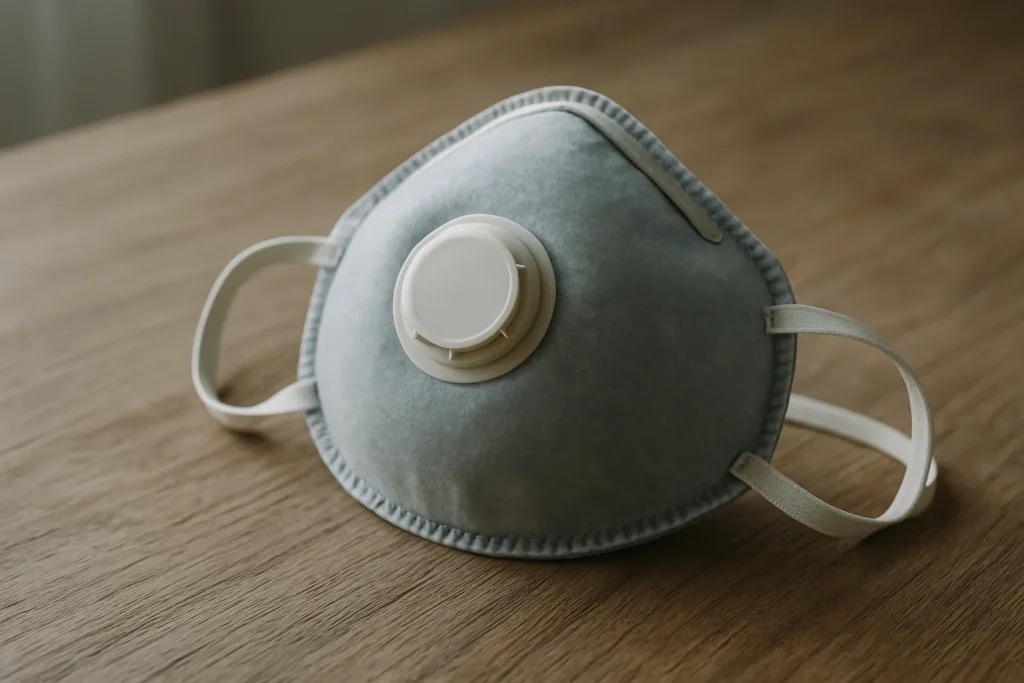 Masque respiratoire sur une table en bois, lumière douce, protection