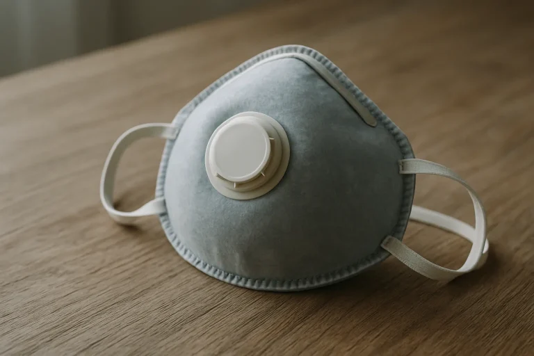 Masque respiratoire sur une table en bois, lumière douce, protection