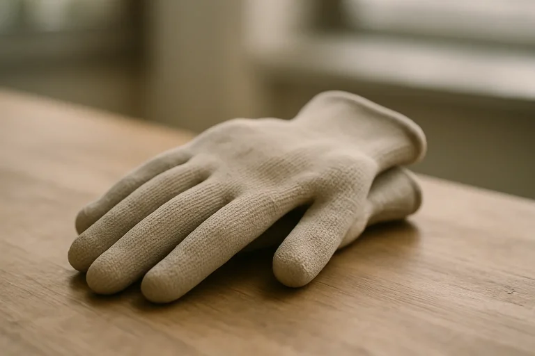 Gros plan sur des gants de protection sur une table en bois, lumière naturelle