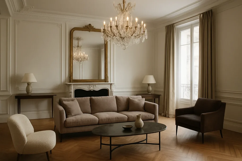Salon de luxe à Paris avec parquet en bois et lustre en cristal après nettoyage.
