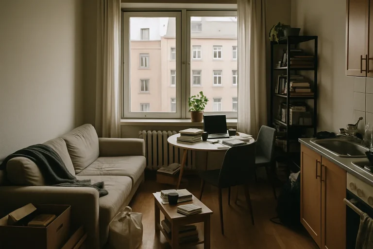 Intérieur d'un petit appartement urbain avec vue sur des immeubles proches, lumière douce.