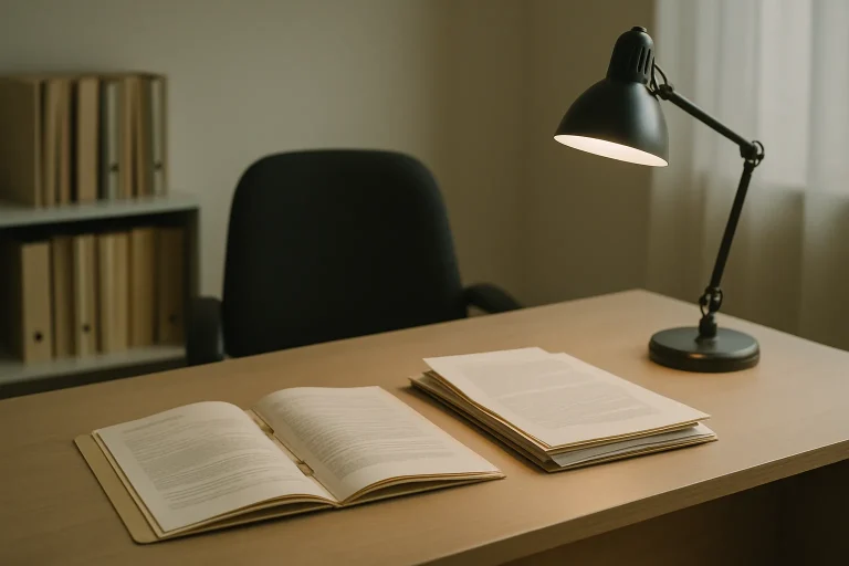 Bureau de consultation avec dossiers ouverts et lumière douce, chaise vide