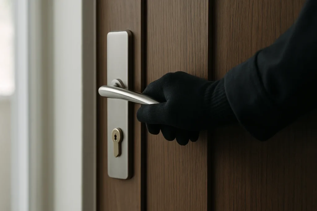 Main gantée posée sur la poignée d'une porte d'entrée d'appartement.