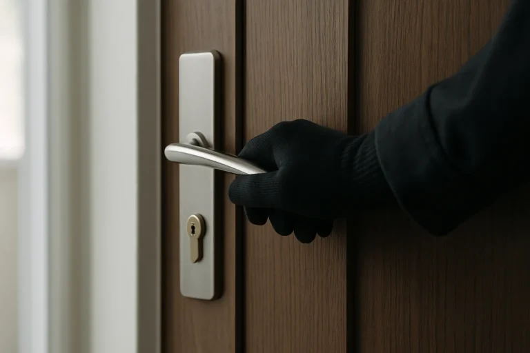 Main gantée posée sur la poignée d'une porte d'entrée d'appartement.