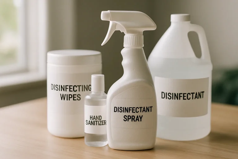 Produits de désinfection funéraire spécialisés sur une table, lumière naturelle.