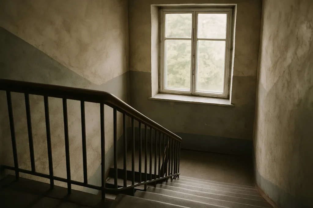 Cage d'escalier d'un immeuble collectif avec éclairage doux et murs usés, soulignant les enjeux de nettoyage après décès.