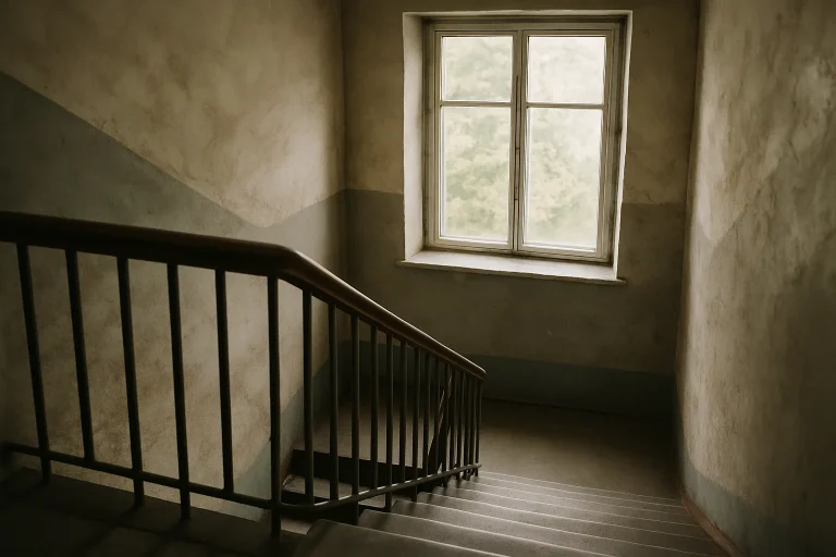 Cage d'escalier d'un immeuble collectif avec éclairage doux et murs usés, soulignant les enjeux de nettoyage après décès.