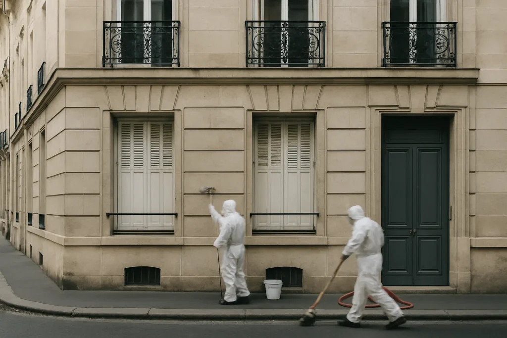 Vue d'une façade à Paris avec un nettoyage en cours après un homicide, silhouettes floues.