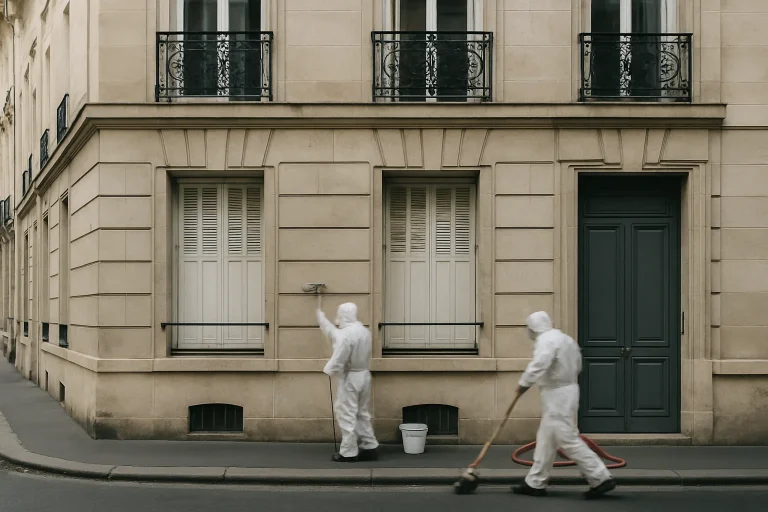 Vue d'une façade à Paris avec un nettoyage en cours après un homicide, silhouettes floues.