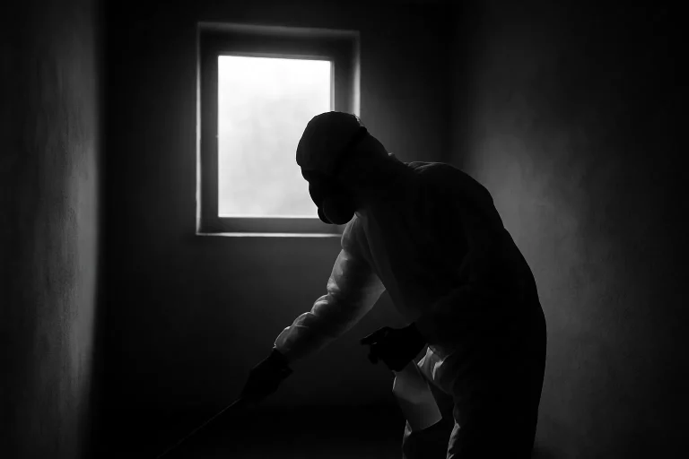 Silhouette floue en combinaison dans une pièce sombre avec outils de nettoyage.