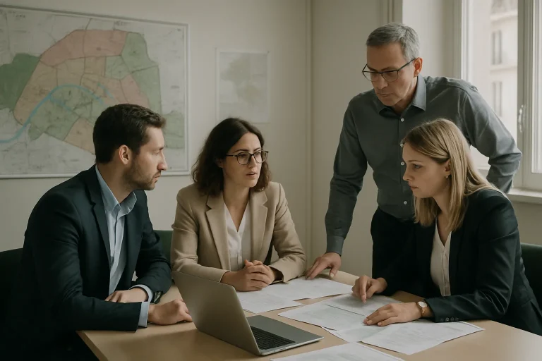 Bureau parisien avec professionnels discutant autour d'une table, lumière douce