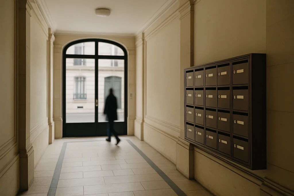 Entrée d'immeuble parisien avec lumière du jour et silhouette floue.