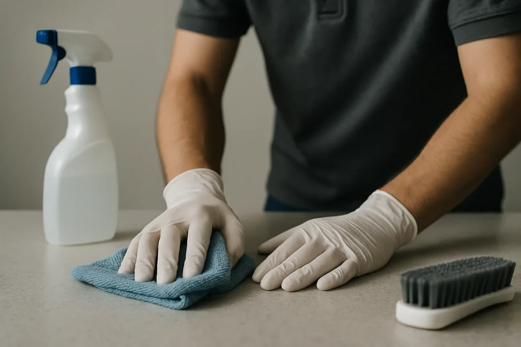 Mains gantées nettoyant une surface avec des outils de nettoyage