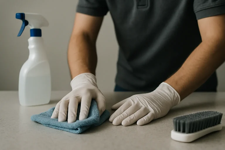 Mains gantées nettoyant une surface avec des outils de nettoyage