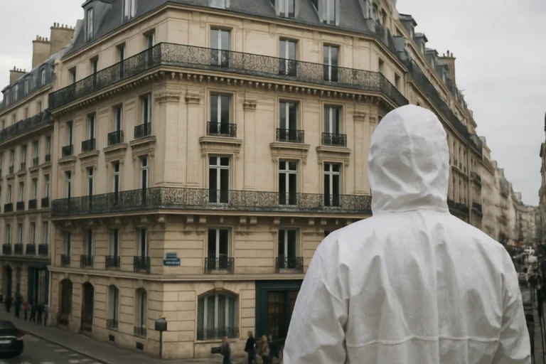 Immeuble parisien avec silhouette floue en combinaison de protection, rue animée.