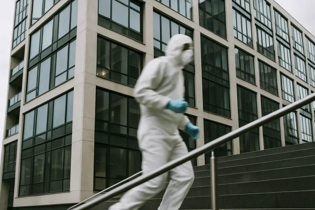 Immeuble moderne urbain avec silhouette en combinaison de protection montant des escaliers