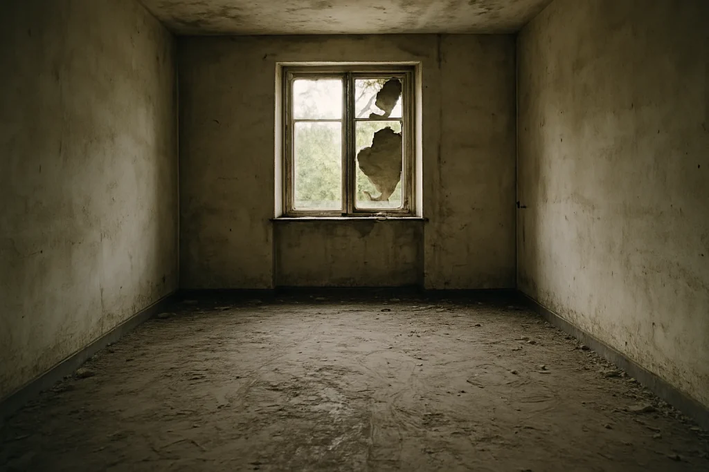Pièce abandonnée avec lumière naturelle et traces visibles au sol.