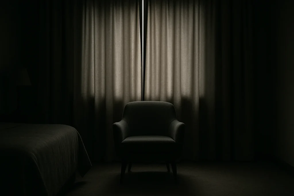 Une chambre sombre avec des rideaux fermés et un fauteuil vide, symbolisant le poids psychologique après un suicide.