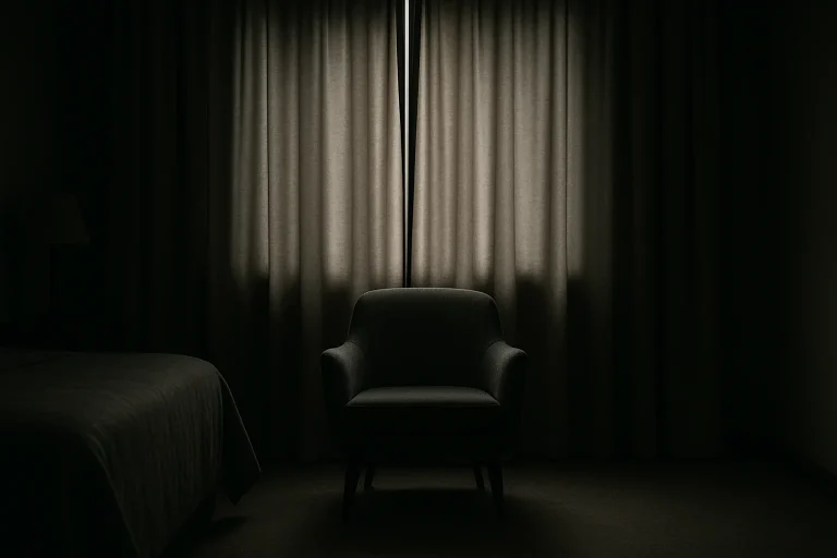 Une chambre sombre avec des rideaux fermés et un fauteuil vide, symbolisant le poids psychologique après un suicide.