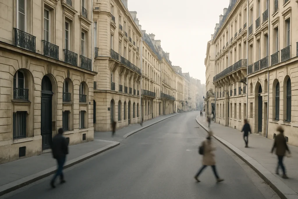 Rue parisienne avec bâtiments historiques en pierre, ambiance calme et matinale