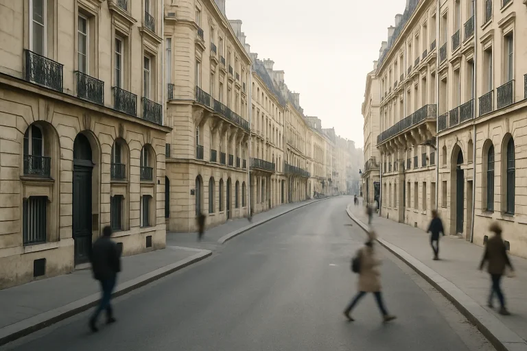 Rue parisienne avec bâtiments historiques en pierre, ambiance calme et matinale