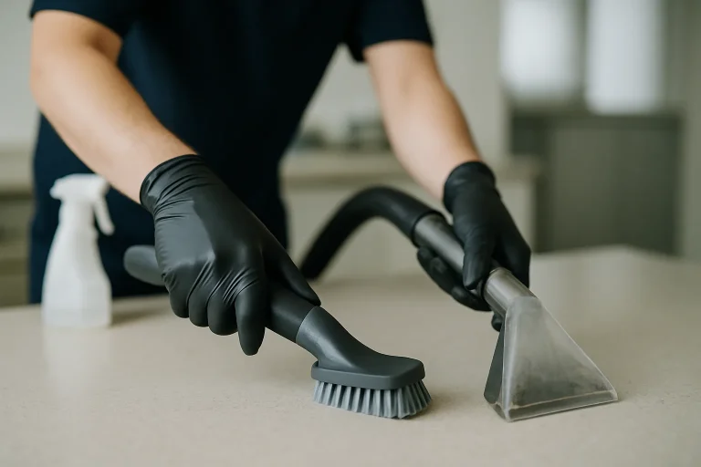 Mains gantées utilisant des outils de nettoyage spécialisés sur une surface.