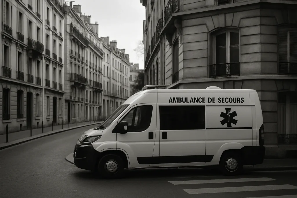 Rue parisienne avec ambulance stationnée, lumière du jour, en noir et blanc
