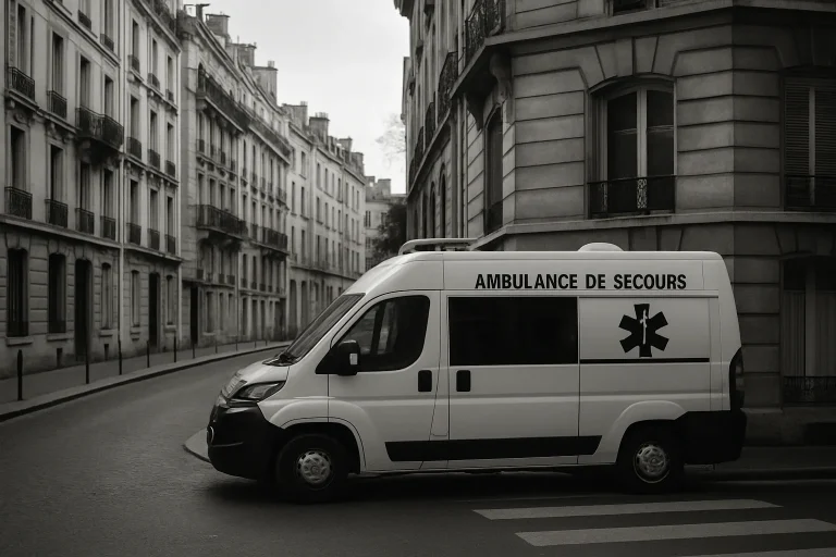 Rue parisienne avec ambulance stationnée, lumière du jour, en noir et blanc