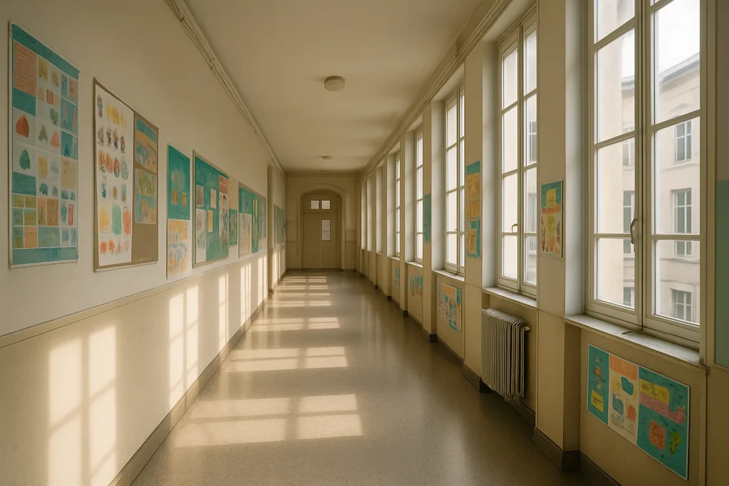 Couloir d'une école parisienne vide avec lumière douce et affiches éducatives.
