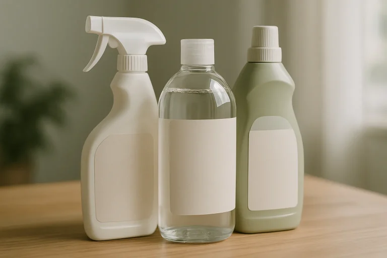 Bouteilles de produits de nettoyage écologiques sur une table en bois, lumière naturelle.