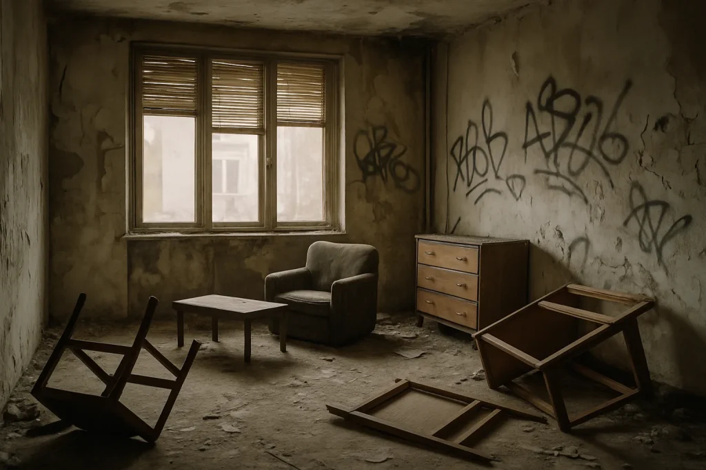 Appartement en désordre avec meubles renversés et murs tagués, lumière douce.