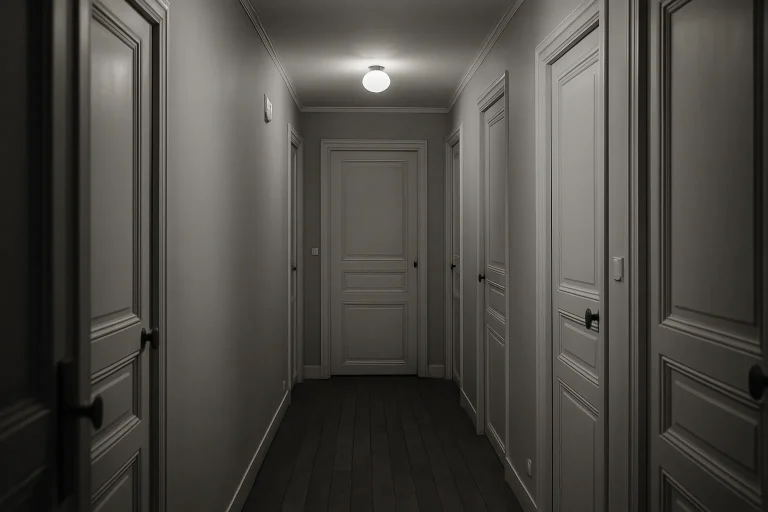 Couloir d'une colocation à Paris, plusieurs portes visibles, ambiance calme.