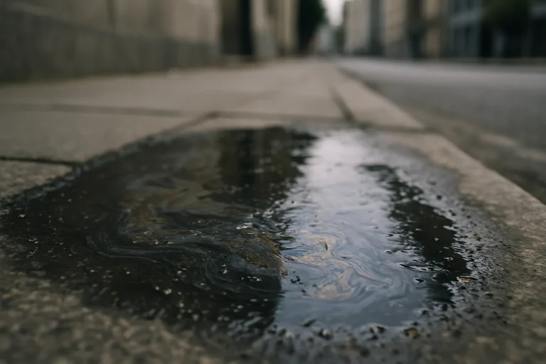 Flaque d'eau contaminée sur un trottoir avec un fond urbain flou.