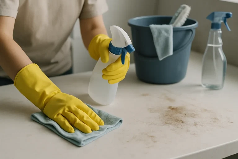 Mains en gants nettoyant une surface sale avec des outils de nettoyage.