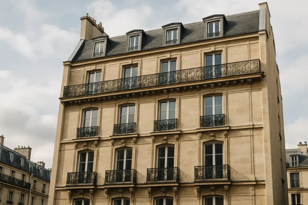 Vue extérieure d'un immeuble haussmannien à Paris, ciel nuageux.