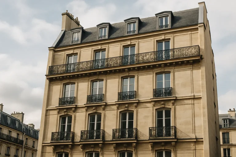 Vue extérieure d'un immeuble haussmannien à Paris, ciel nuageux.