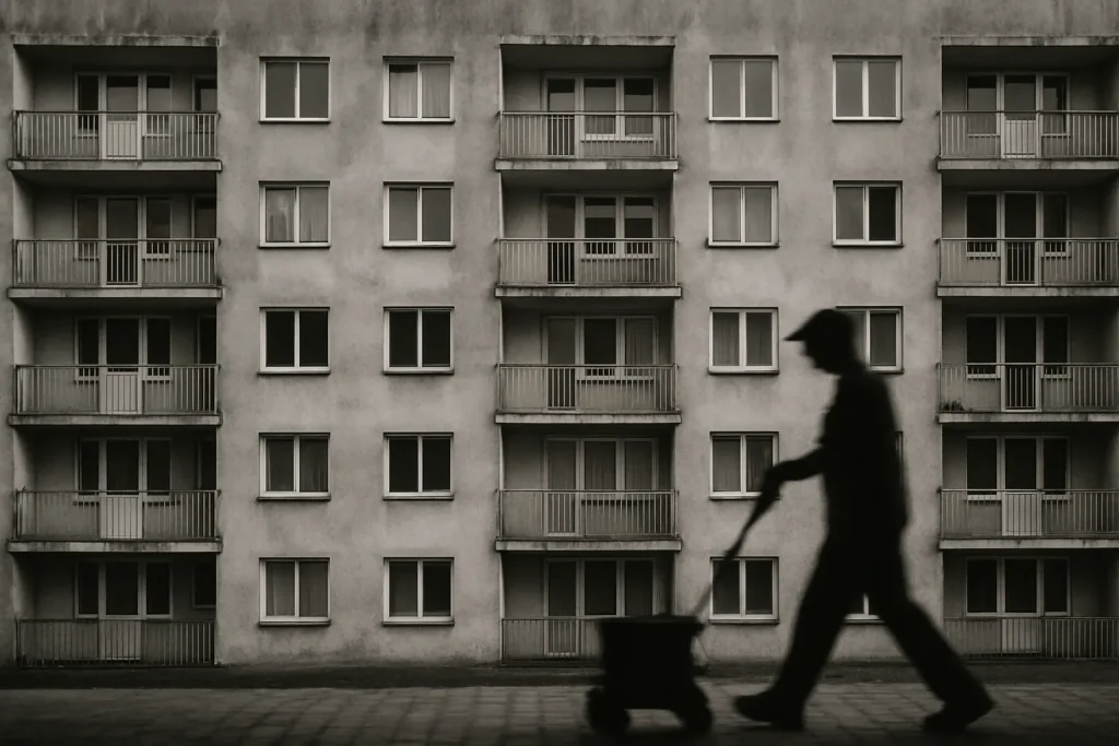 Immeuble de logements sociaux avec silhouette floue d'un agent de nettoyage en noir et blanc.