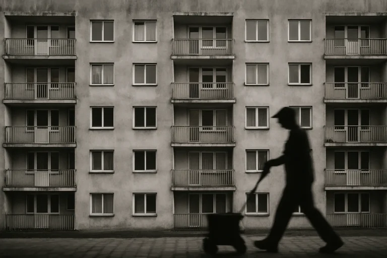Immeuble de logements sociaux avec silhouette floue d'un agent de nettoyage en noir et blanc.