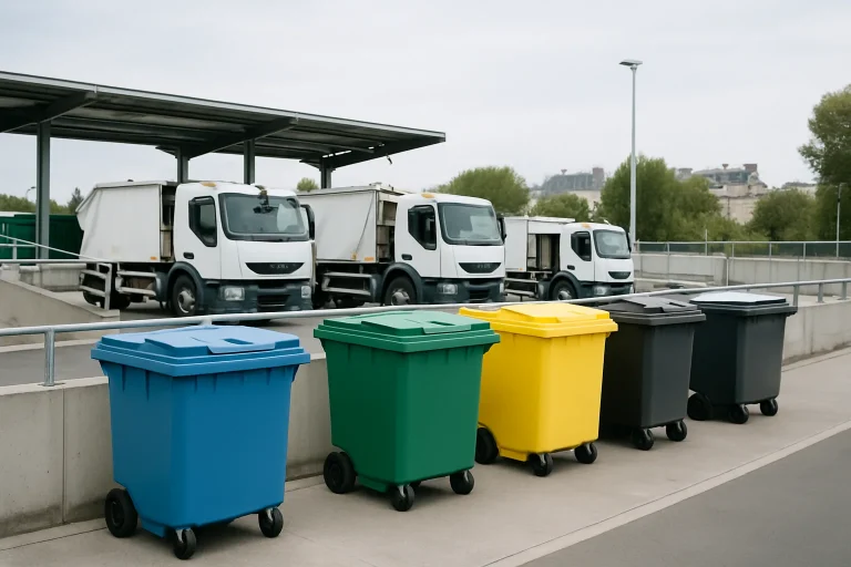 Déchetterie moderne à Paris avec bacs de tri et camions de collecte