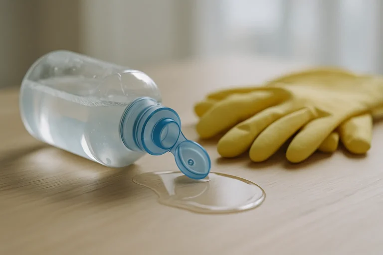 Flacon de désinfectant renversé sur une table avec gants de nettoyage.